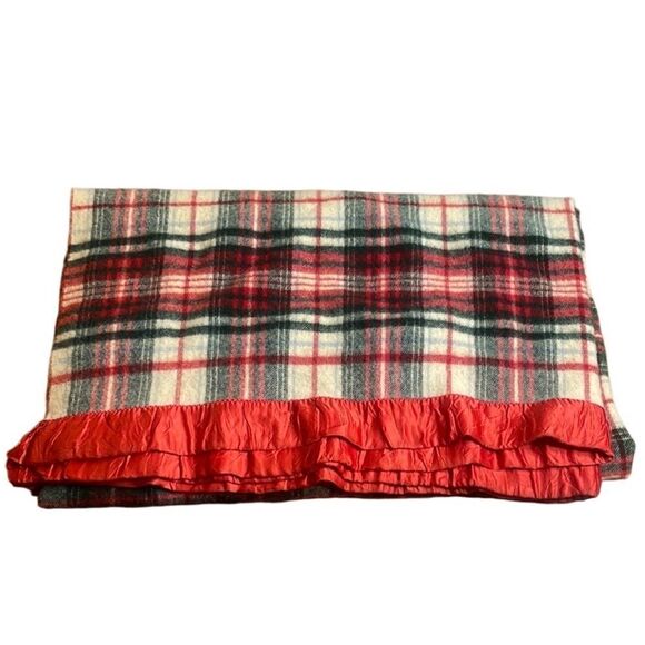 Vintage Pearce Red Green Yellow Tartan Plaid Wool Blanket Satin Trim 84 x 73 - Picture 1 of 5